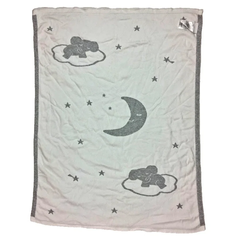 The Little White Company Gray Elephant Moon Cloud Sleeping Baby Blanket Knit Rev